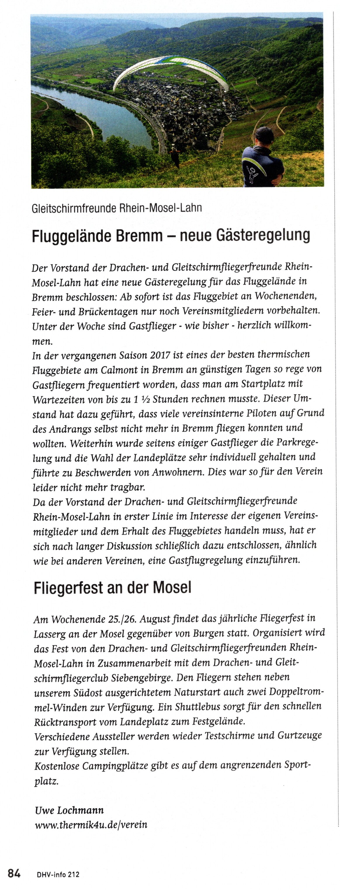 Fliegerfest und Gästeregelung Bremm 2018 - DHV Info (Ausgabe 212)